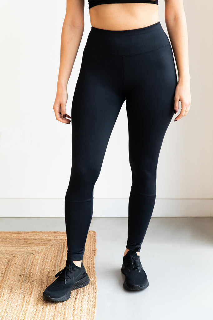 high waisted black workout leggings made from recycled fabric